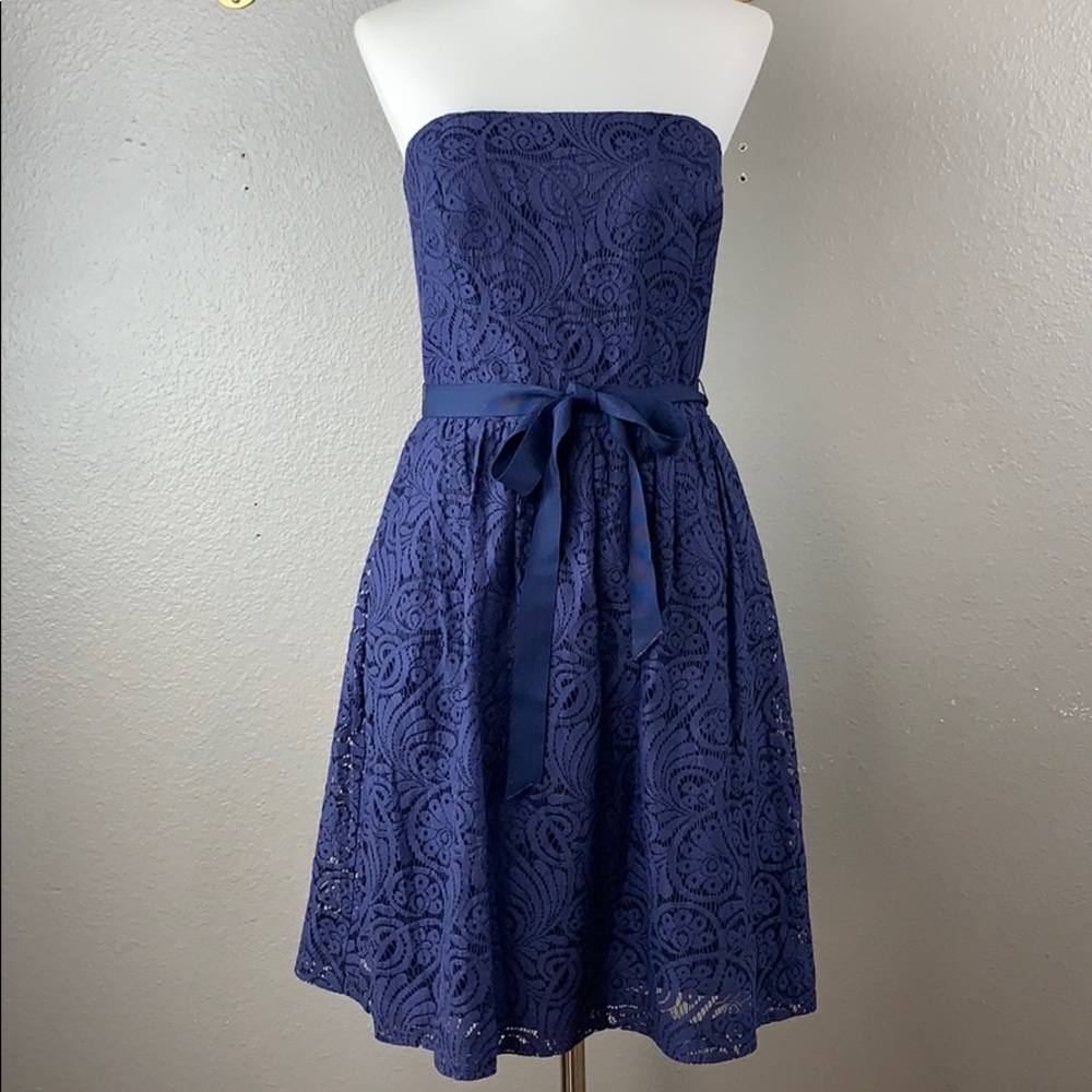 trina turk navy lace dress Trina Turk Dress Navy Blue 8 Cotton Linen Lace Shift 3/4 Long Sleeve